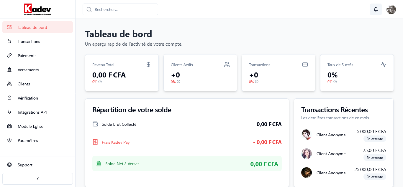 Aperçu du tableau de bord Kadev Pay